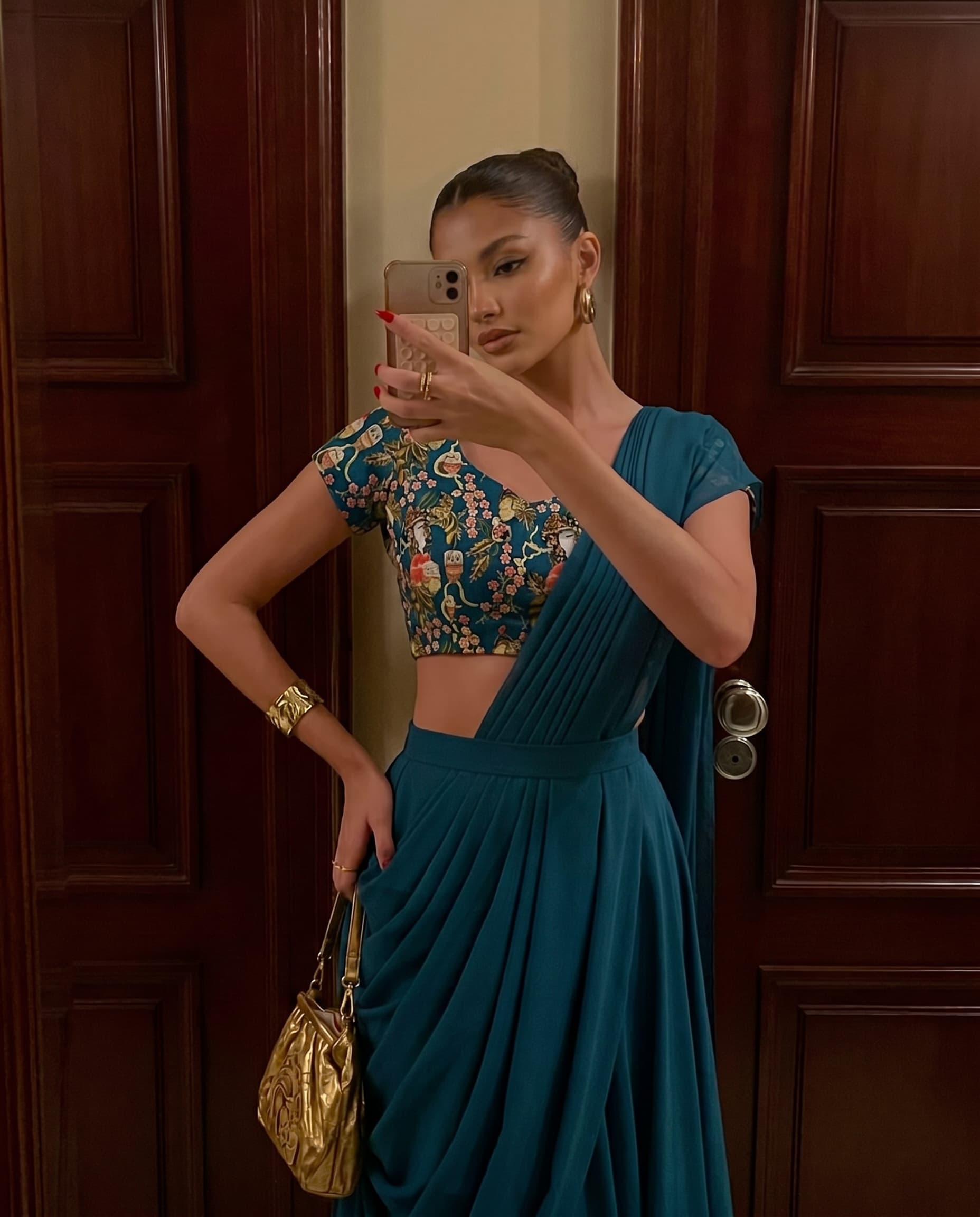 Deep Teal Blue Printed Crepe Lehenga Set