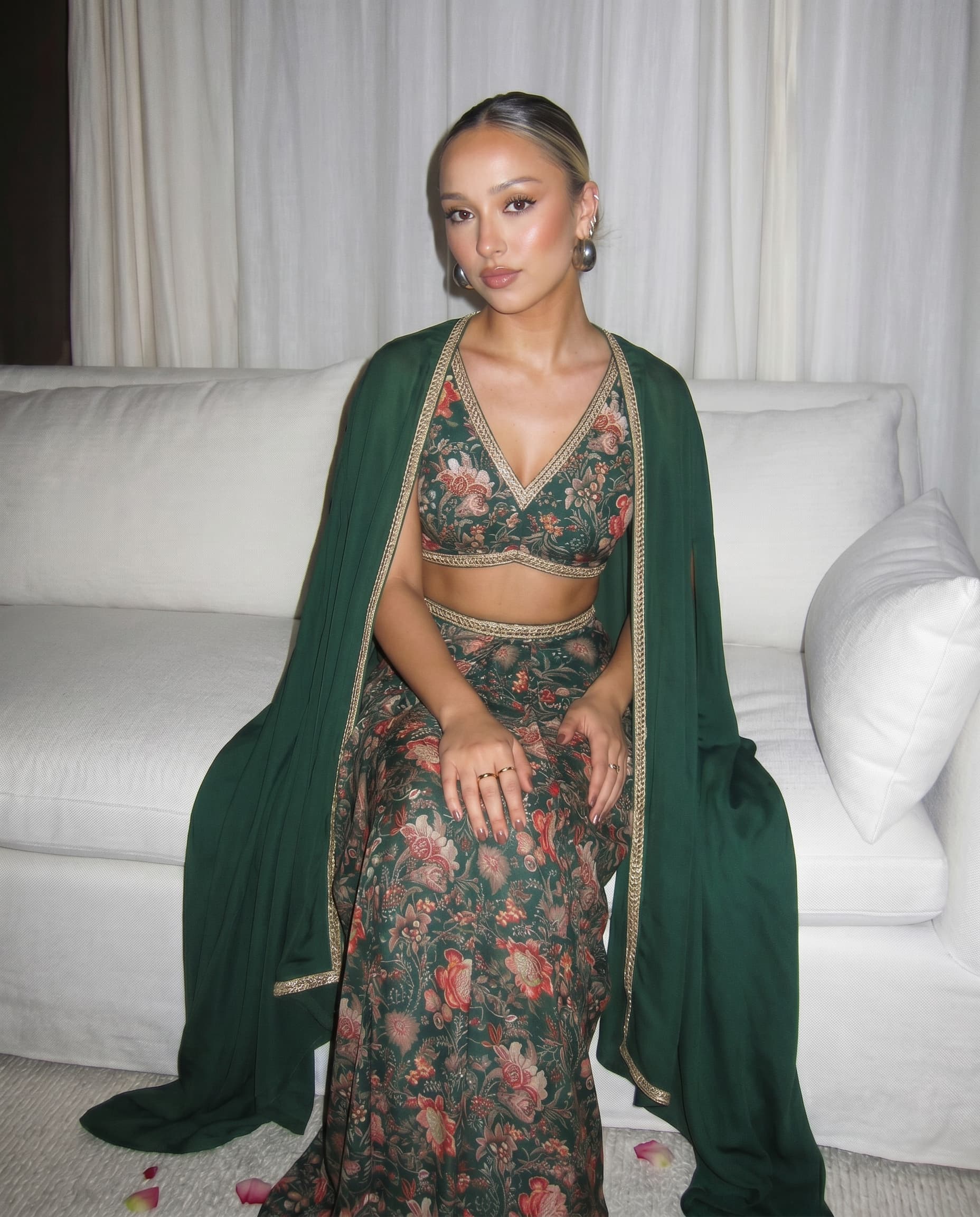 Deep Green Floral Print Silk Fusion Set