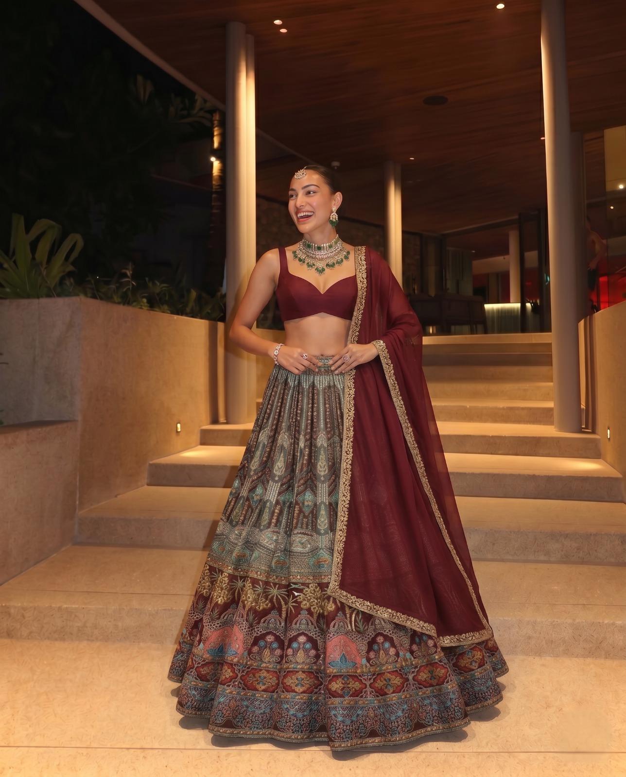 Wine Embroidered Crepe Lehenga Set