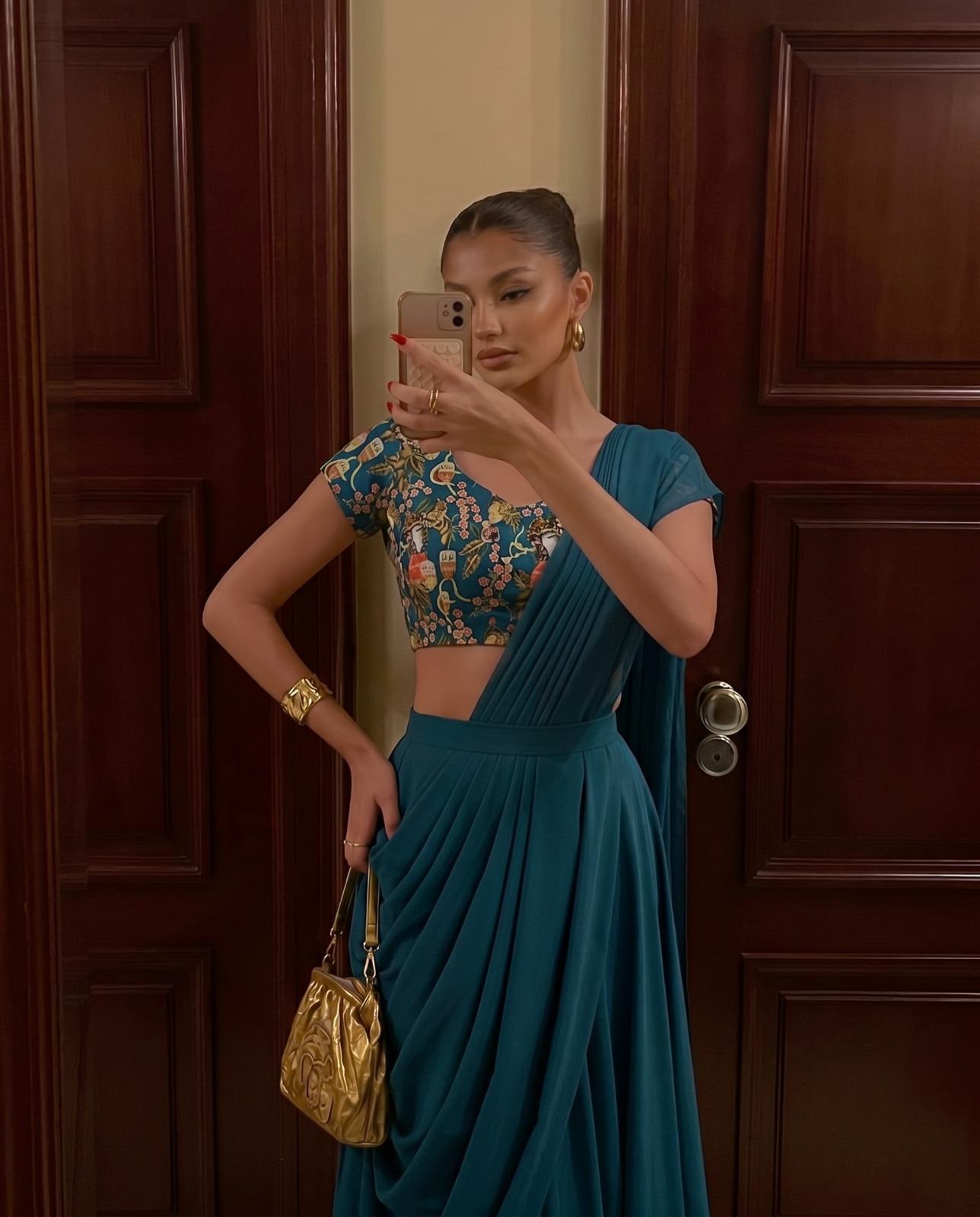 Deep Teal Blue Printed Crepe Lehenga Set