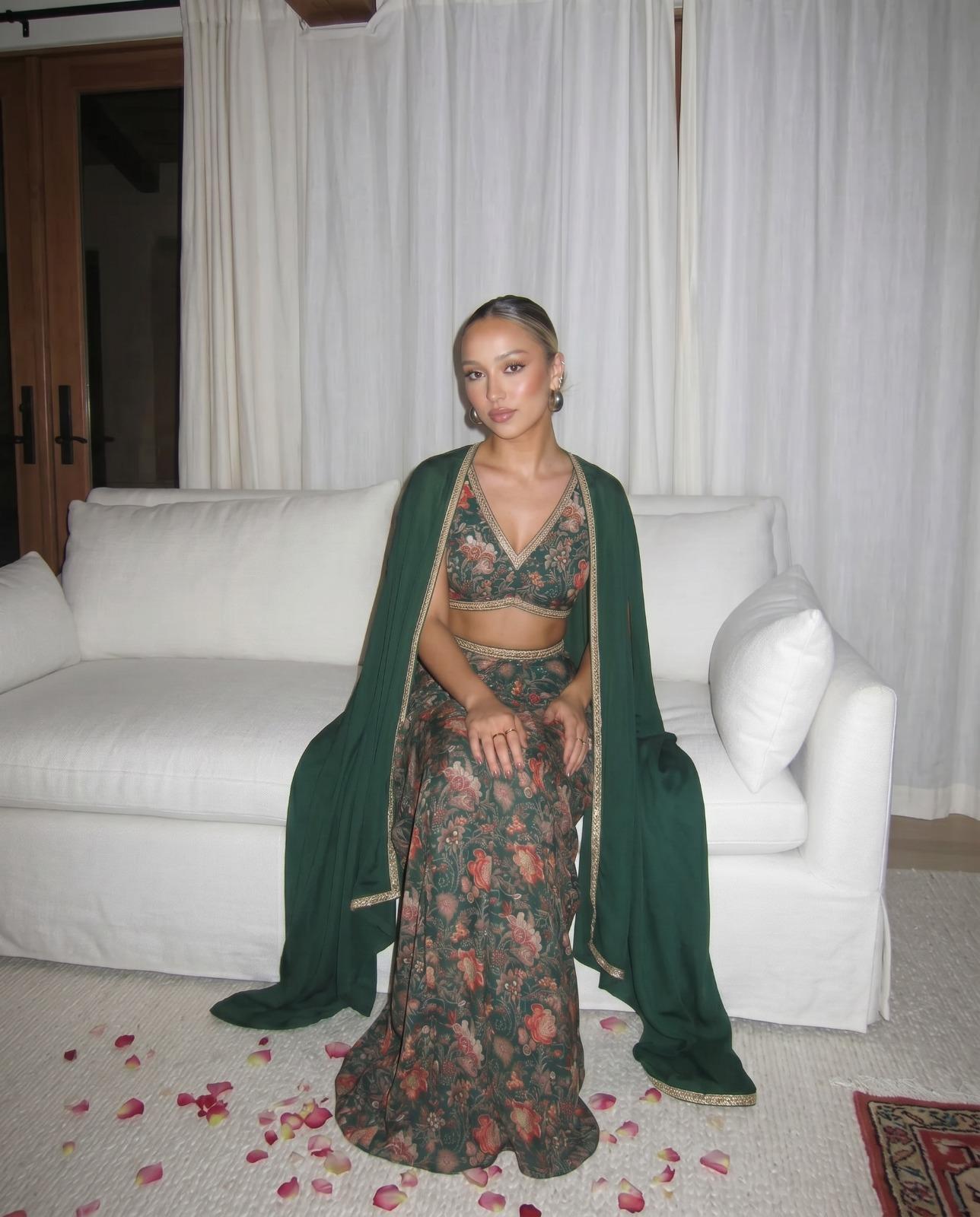 Deep Green Floral Print Silk Fusion Set