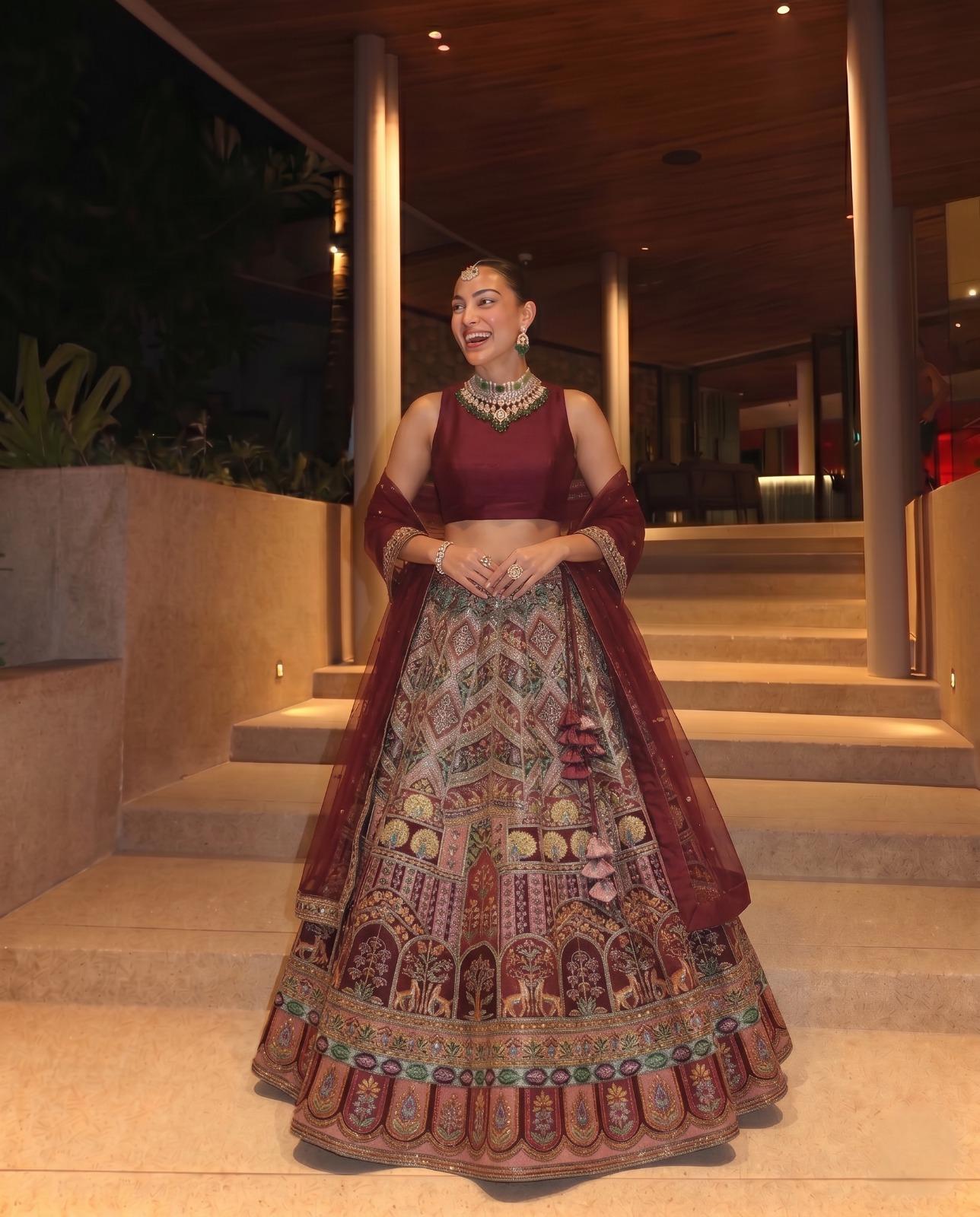 Brown Embroidered Crepe Lehenga Set