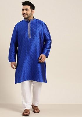 Blue Embroidered Poly Blend Kurta Set For Men