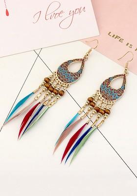 Buy Women Multicoloured Classic Feathers Long Tassel Drop Earrings