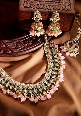 Gold-Plated Pink n Green Enamelled Beaded Kundan-Studded buy Handcrafted Jewellery Set Indian Jewellery Set Bollywood Necklace