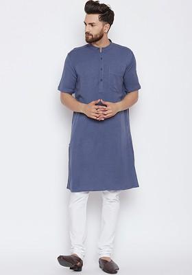 Men Woven Design Straight Kurta Sky Blue