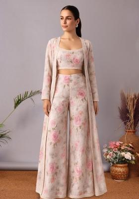 Pink Organza Floral Printed Fusion Set