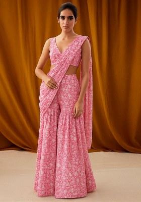 Pink Georgette Floral Printed Fusion Set