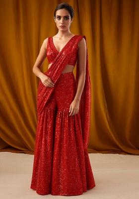 Red Georgette Sequin Fusion Set