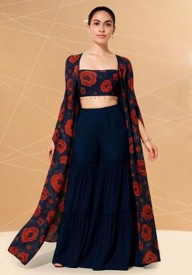 Dark Blue Chiffon Floral Printed Fusion Set