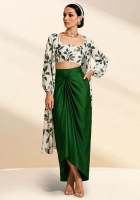Green Floral Printed Satin Fusion Set