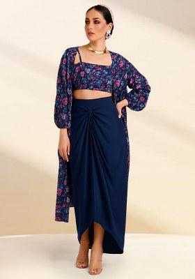 Navy Blue Floral Printed Organza Fusion Set