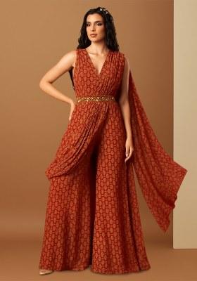 Red Crepe Paisley Printed Fusion Set