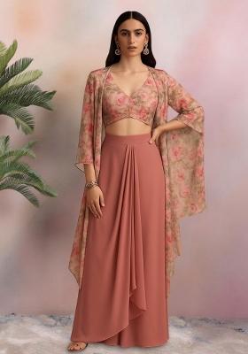 Peach Printed Embroidered Blouse And Jacket Georgette Fusion Set