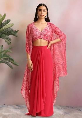 Pink Printed Embroidered Blouse And Jacket Georgette Fusion Set