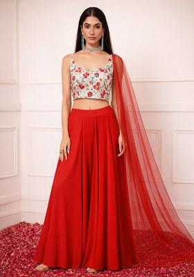 Red Floral Print Crepe Fusion Set