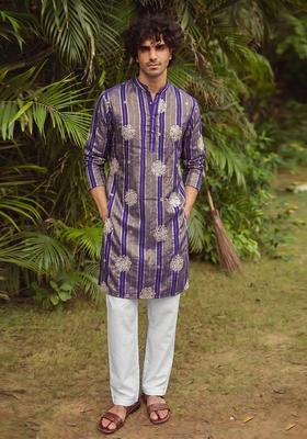 Royal Purple Embroidered Tissue Kurta Set For Men