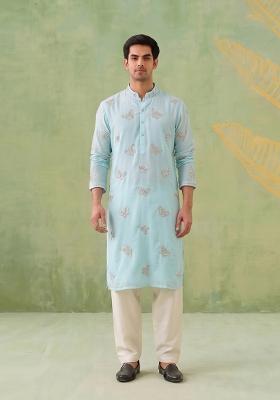 Sky Blue Embroidered Organza Kurta Set For Men