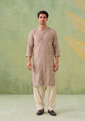 Beige Embroidered Organza Kurta Set For Men
