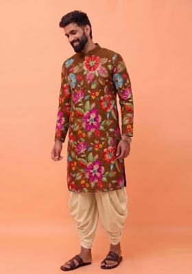 Dark Brown Printed Crepe Fusion Set For Men