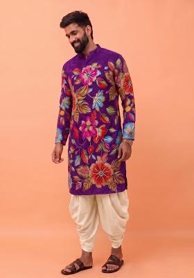 Purple Printed Crepe Fusion Set For Men