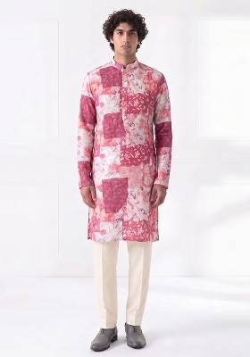 Pink Printed Cotton Kurta Set For Men
