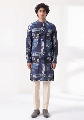 Navy Blue Printed Cotton Kurta Set For Men