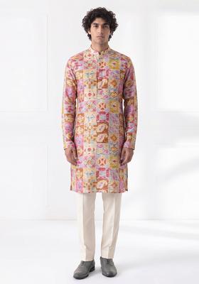 Multi Color Printed Cotton Kurta Set For Men