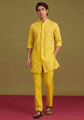 Mustard Embroidered Chanderi Kurta Set For Men