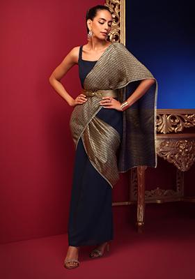 Buy Women Navy Foil Pleated Saree Gown With Leather Belt (Without