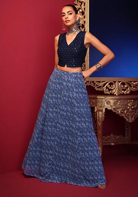 Navy Moroccan Motif Printed Lehenga Skirt 