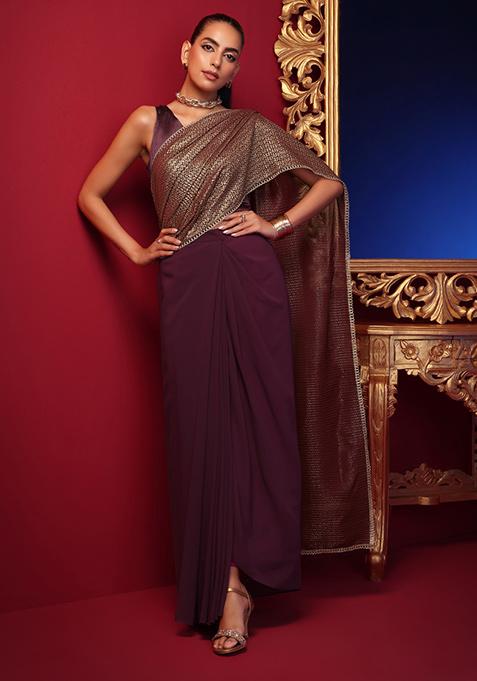 Sangria Purple Foil Pleated Pre-Stitched Saree (Without Blouse)