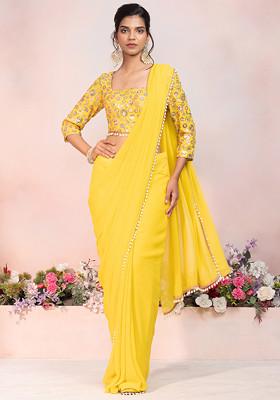 Yellow Pre-Stitched Layered Saree