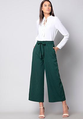 Vila Petite wide leg pants with elastic waist in green stripe  ASOS