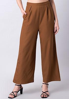 Buy Women Tan Pleated High Waist Wide Legged Trousers - Wide Legged Pants  Online India - FabAlley