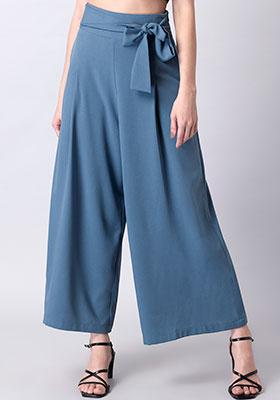 Blue Belted High Waist Flared Trousers