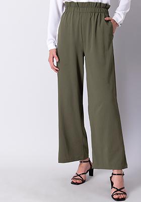 Olive Paperbag High Waist Wide Legged Trousers