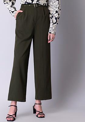 Olive Belted High Waist Straight Fit Trousers 
