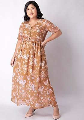 CURVE Mustard Floral Flared Sleeve Maxi Dress 
