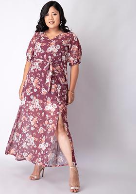 CURVE Wine Floral Flared Sleeve Belted Maxi Dress 