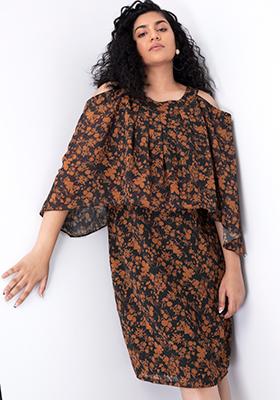 CURVE Black Floral Cape Cold Shoulder Mini Dress 