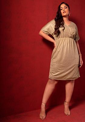 CURVE Gold Elasticated Waist Self Design Dress