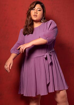 CURVE Purple Pleated Dress With Belt