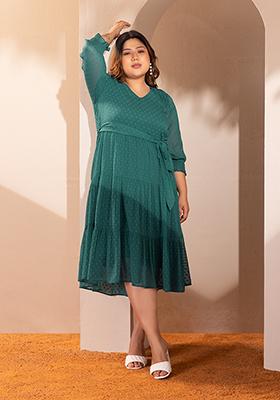 CURVE Teal Blue Swiss Dot Midi Dress With Belt