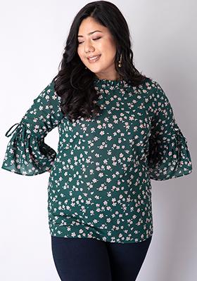 CURVE Green Floral Bell Sleeve Blouse 