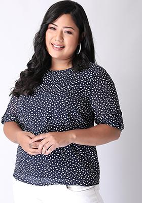 CURVE Navy Abstract Boat Neck Blouse 