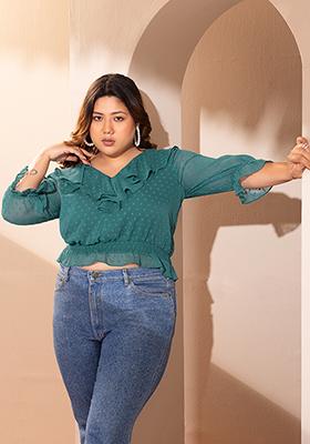 CURVE Green Back Tie Up Ruffled Top