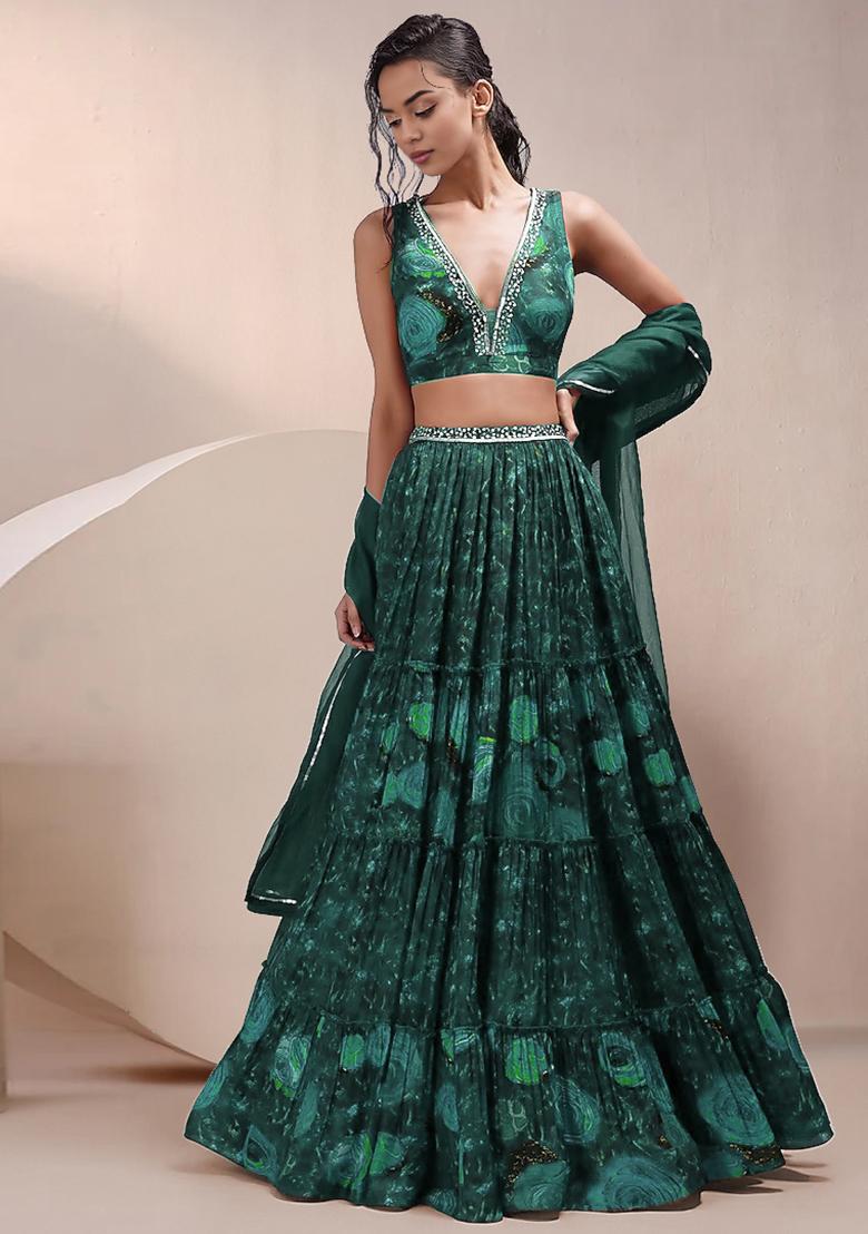 Teal Semistitched Lehenga with Embroidered Blouse and  Embroidered Dupatta