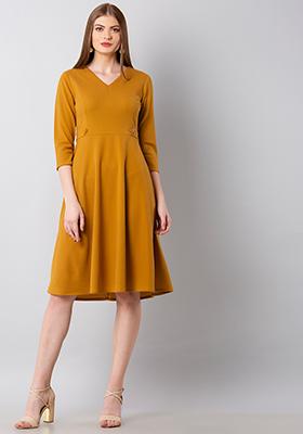 Buy Women Mustard Buttoned Midi Dress - Trends Online India - FabAlley