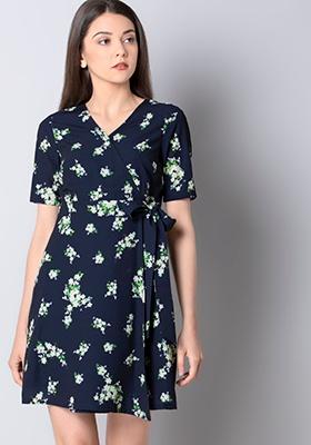 Buy Women Navy Floral Belted Wrap Dress ...